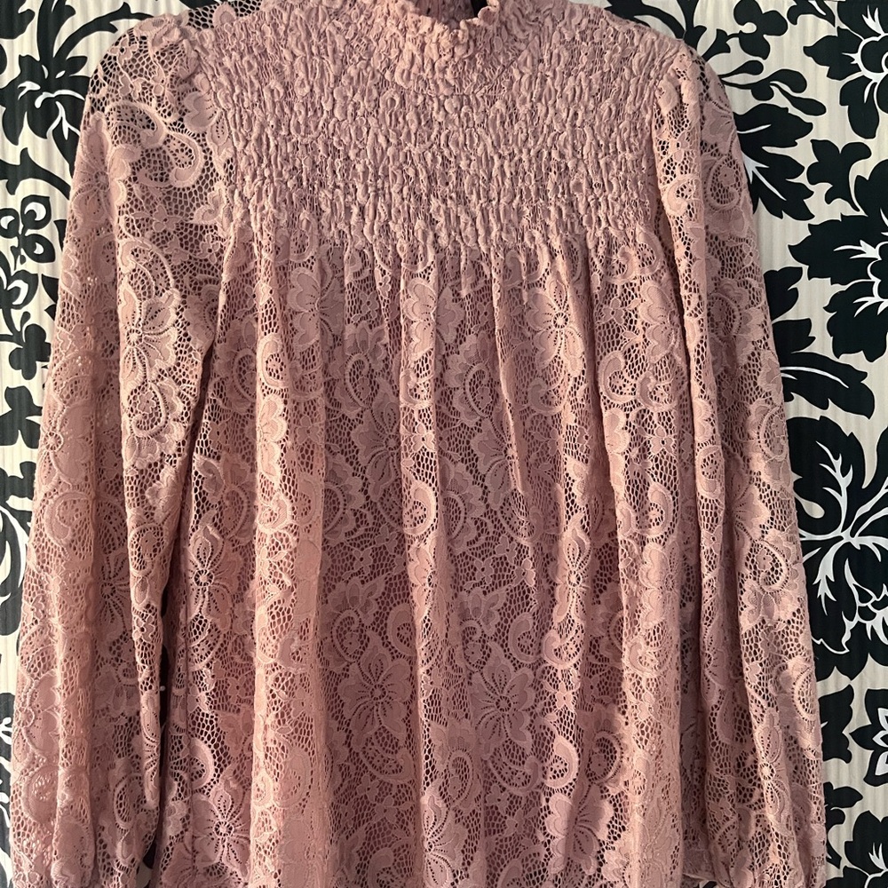 Cable & Gauge Dusty Rose Lace Smocked Yoke Long Sleeve Blouse